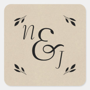 Sticker Carré Mariage Kraft Moderne Rustique Botanique Feuille N