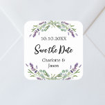 Sticker Carré Mariage Lavender eucalyptus Enregistrer la date<br><div class="desc">Un élégant arrière - plan blanc décoré de fleurs de lavande et de verdure d'eucalyptus. Personnalisez et ajoutez vos noms et votre date de mariage.</div>