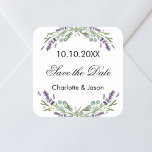 Sticker Carré Mariage Lavender eucalyptus Enregistrer la date<br><div class="desc">Un autocollant Enregistrer la date pour votre mariage. Un élégant arrière - plan blanc décoré de fleurs de lavande et de verdure d'eucalyptus. Personnalisez et ajoutez vos noms et votre date de mariage.</div>