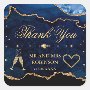Sticker Carré Mariage Marbre Agate Pailleté Bleu & Or
