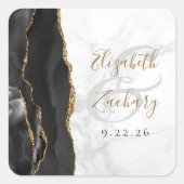 Sticker Carré Mariage Marbre Noir Agate Geode Script Or (Devant)