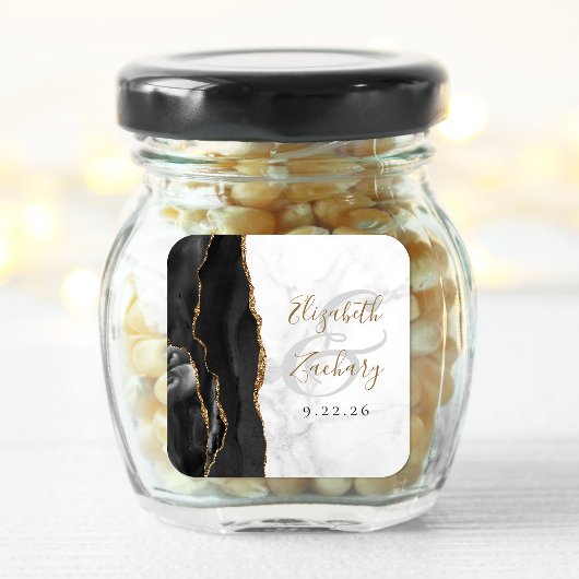 Sticker Carré Mariage Marbre Noir Agate Geode Script Or