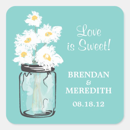 Sticker Carré Mariage Mason Jar et White Daisy (Devant)