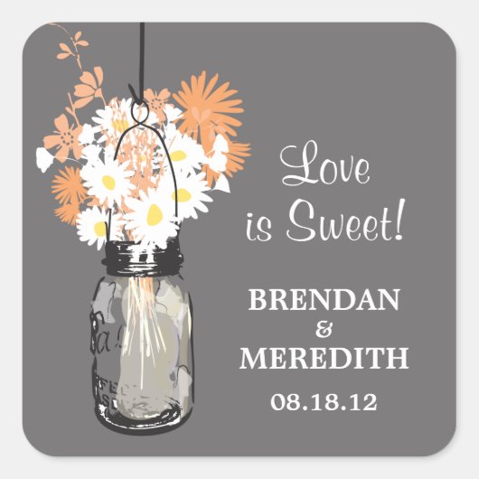 Sticker Carré Mariage Mason Jar et White Daisy (Devant)