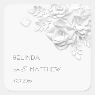 Sticker Carré Mariage minimaliste Fleurs Roses 3D Blanches