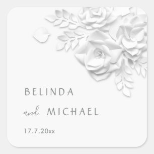 Sticker Carré Mariage minimaliste Fleurs Roses 3D Blanches