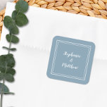 Sticker Carré Mariage minimaliste moderne Dusty Merci bleu<br><div class="desc">Moderne minimaliste et chic design Mariage présente les noms de mariée et mariée dans un design moderne avec une double bordure encadrée en blanc sur un arrière - plan bleu poussiéreux. Le design moderne est simple et chic. Personnalisez les détails du mariage avec vos noms dans un script blanc immaculé....</div>