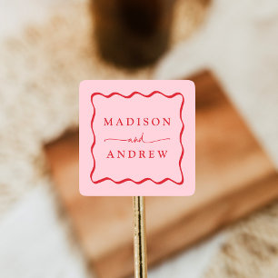 Sticker Carré Mariage moderne à cadre rose et rouge