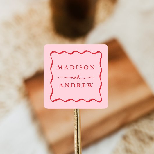 Sticker Carré Mariage moderne à cadre rose et rouge