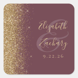 Sticker Carré Mariage Moderne Bordure Pailletée Or Burgundy Fonc