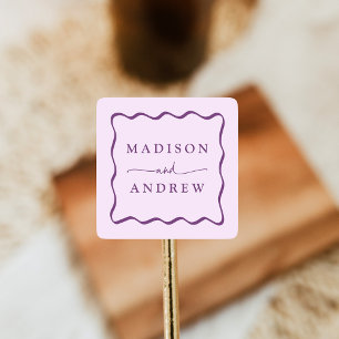 Sticker Carré Mariage Moderne Cadre Ondulé Violet