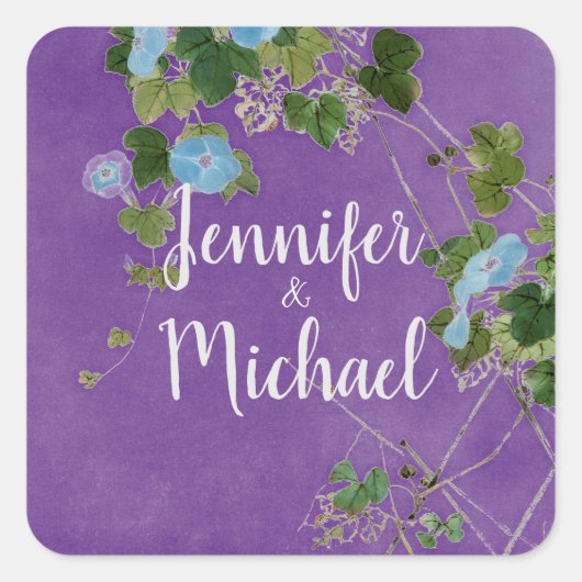Sticker Carré Mariage Moderne Calligraphie Plaque Nom Floral (Devant)