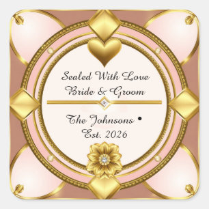 Sticker Carré ✨ Mariage Moderne Cœur Or Rose 🖤