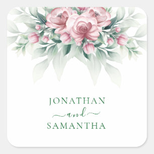 Sticker Carré Mariage Moderne Élégant Rose Vert