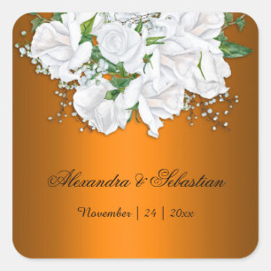 Sticker Carré Mariage moderne Vibrant Orange et Roses Blanches