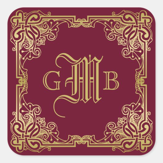 Sticker Carré Mariage Monogram Classic Gold Frame Bourgogne (Devant)