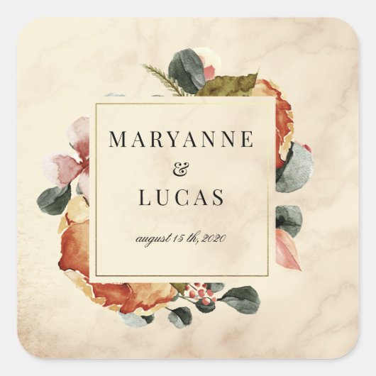 Sticker Carré mariage monogramme du feuillage d'aquarelle d'auto (Devant)