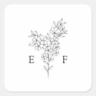Sticker Carré Mariage Monogramme en fleurs de cerisier de ligne