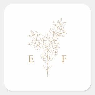 Sticker Carré Mariage Monogramme en fleurs de cerisier or simple