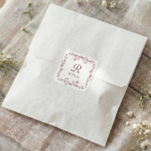 Sticker Carré Mariage Monogramme Fleurs de Bourgogne Rouge Foncé