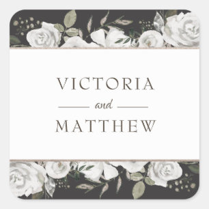 Sticker Carré Mariage Monogramme Floral Blanc Vintage Cherish