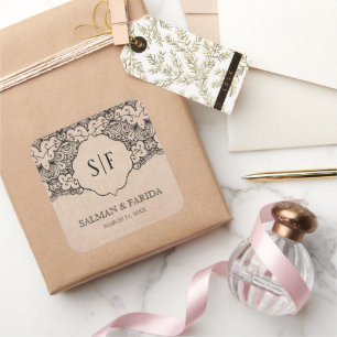 Sticker Carré Mariage Monogramme Rustique Toile de Jute Dentelle