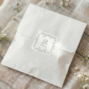 Sticker Carré Mariage Monogramme Vintage Floral Gris Français