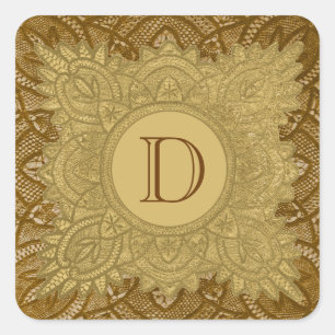Sticker Carré Mariage Monogramme Vintage or et Brown V26