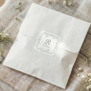 Sticker Carré Mariage Monogramme Vintage Vert Sauge Floral Franç
