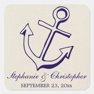 Sticker Carré Mariage Naissant Bleu Marine Tanique Ancre de Navi