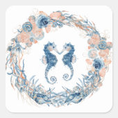 Sticker Carré Mariage nautique Aquarelle Bleue Cheval de mer (Devant)