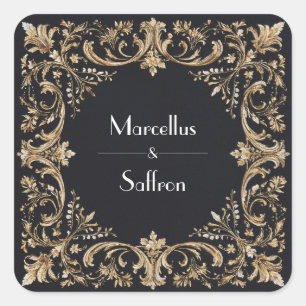 Sticker Carré Mariage Noir Baroque Orné Doré Opulent