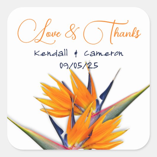 Sticker Carré Mariage Oiseau de Paradis Fleurs Merci (Devant)