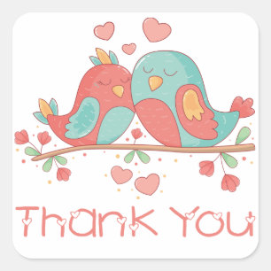 Sticker Carré Mariage Oiseaux Amoureux Turquoise Bleu Rose Merci