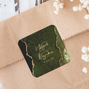 Sticker Carré Mariage Olive Verte Agate Or Script