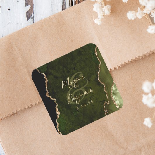 Sticker Carré Mariage Olive Verte Agate Or Script