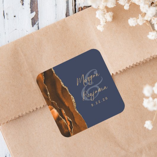 Sticker Carré Mariage Orange Brûlé Agate Or Script Bleu Nuit