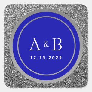 Sticker Carré Mariage Paillettes Bleu Royal Argent