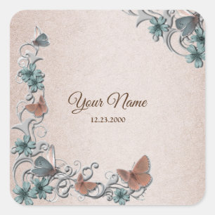 Sticker Carré Mariage Papillon Cuivre Floral Argent Sarcelle Tan