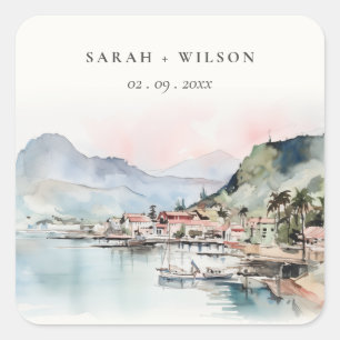 Sticker Carré Mariage Paysage Aquarelle Kauai Hawaï