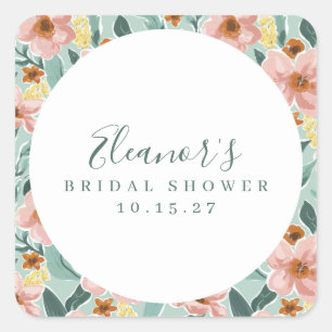 Sticker Carré Mariage Personnalisé avec Motif Floral Rose Sauge 