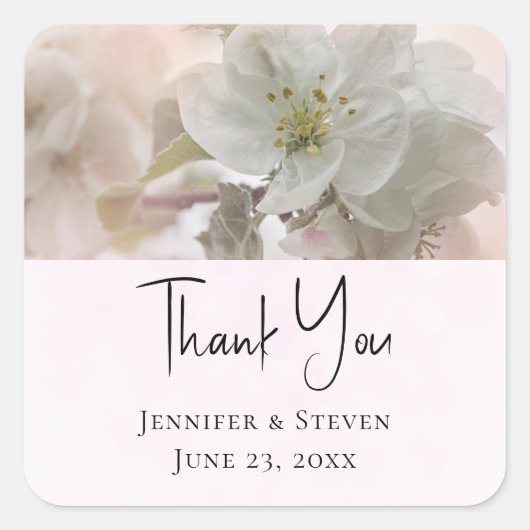 Sticker Carré Mariage photo en fleurs de pomme blanche (Devant)
