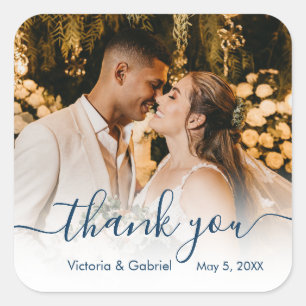 Sticker Carré Mariage Photo Marine Script Photo Merci