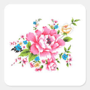 Sticker Carré Mariage Pink Peony bouquet de fleurs
