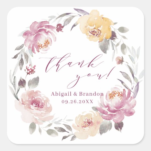 Sticker Carré Mariage remerciement floral mauve romantique (Devant)