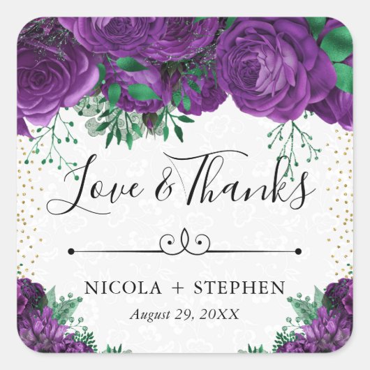 Sticker Carré Mariage Rose d'aquarelle violet (Devant)