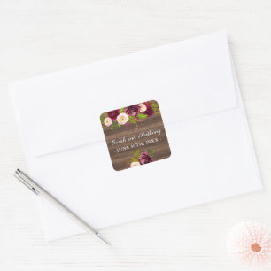 Sticker Carré Mariage Rose de Burgundy Floral Rustic Gold Blush