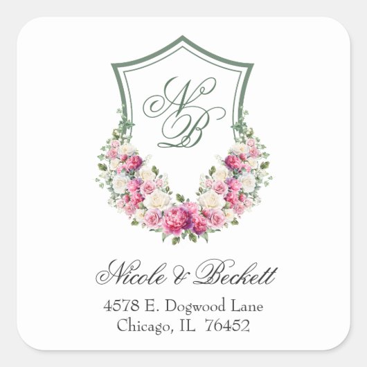 Sticker Carré Mariage rose Floral Crest Adresse de retour (Devant)