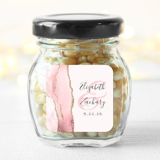 Sticker Carré Mariage Rose Pâle Or Script Agate Géode