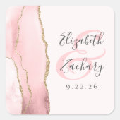 Sticker Carré Mariage Rose Pâle Or Script Agate Géode (Devant)